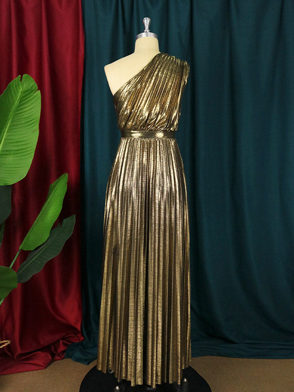 High Waisted Loose Asymmetric Pleated Shiny Color One-shoulder Maxi Dresses