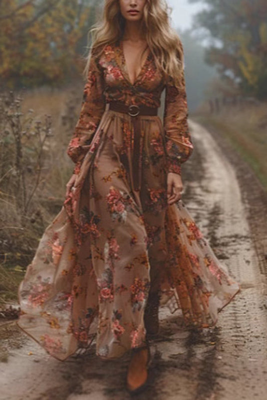 Print Long Sleeve V-neck Waist Maxi Dress