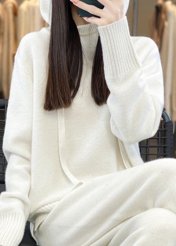 Organic Black Hooded Sweaters and Pants Woolen Two Pieces Set Fall Wv018