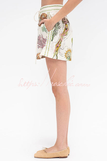 Beach Shell Print Short Sleeve Loose Shirt and Elastic Waist Tie Pocket Shorts Set