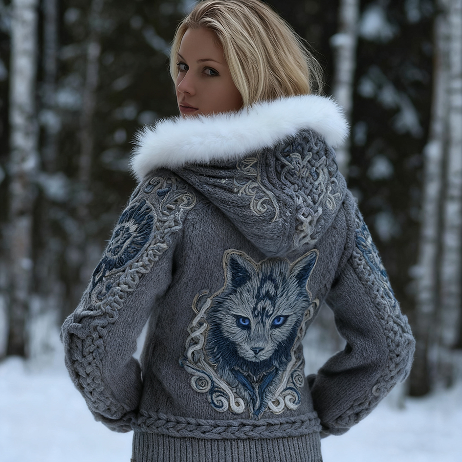 Comstylish Viking Retro Style Cat Embroidery Pattern Women's Knit Hooded Sweater Jacket