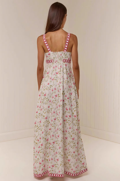 Linen Print Spaghetti Strap Summer Maxi Dress