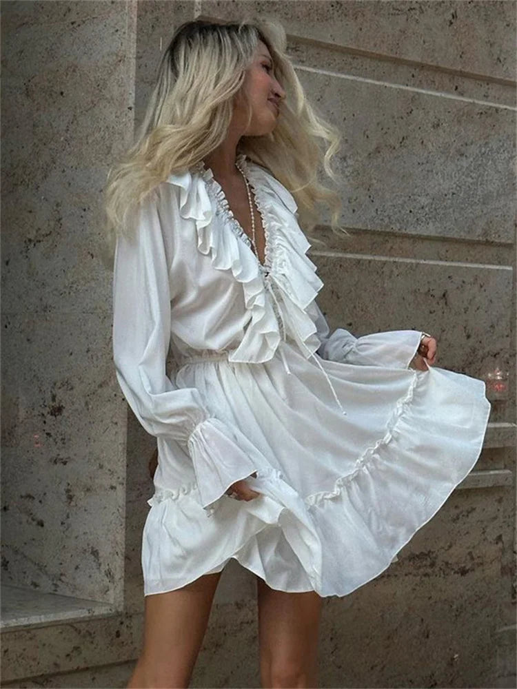 Ruffled V-neck White Mini Dress – Long Sleeve Bandage Dress