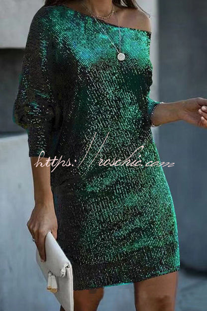 Sequined Off-shoulder Loose Mini Dress