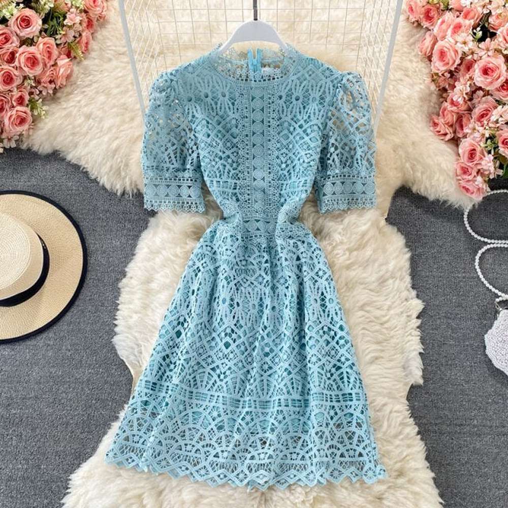 Pink O-neck Hollow Out Lace High Waist Puff Sleeve Mini Dress Ar1010