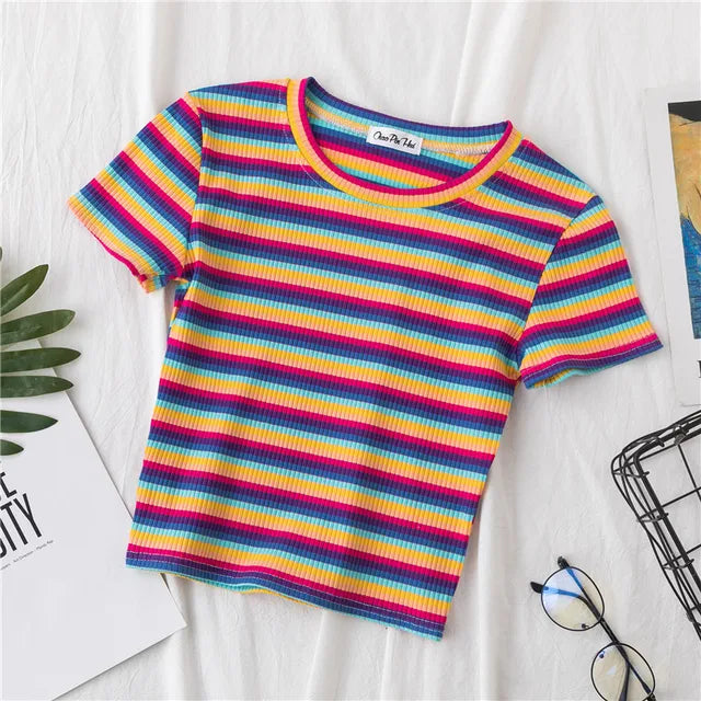 New T Shirt Rainbow Striped Tops Slim Fit T Shirt Harajuku Tshirt Summer Short Sleeve Korean T-shirt Feminina Clothes Tops