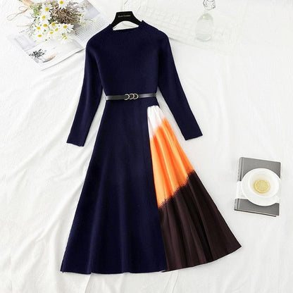 Boutique Navy V-neck Patchwork Gradient Pleated Hem Long Sleeve Sweater Dress
