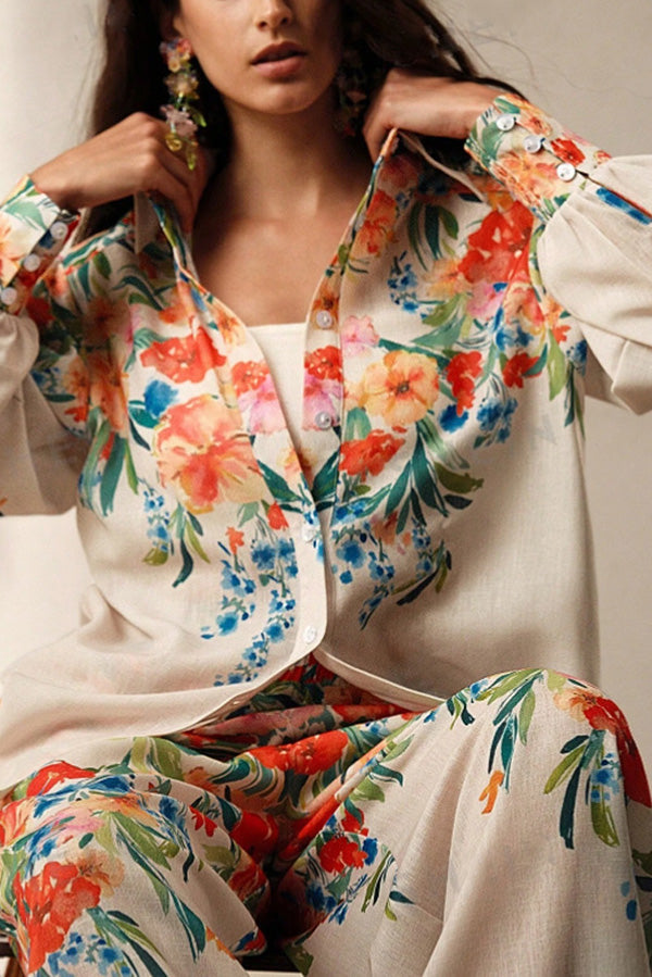 Print Lapel Long Sleeve Shirt and Elastic Waist Pocket Wide Leg Pants Set