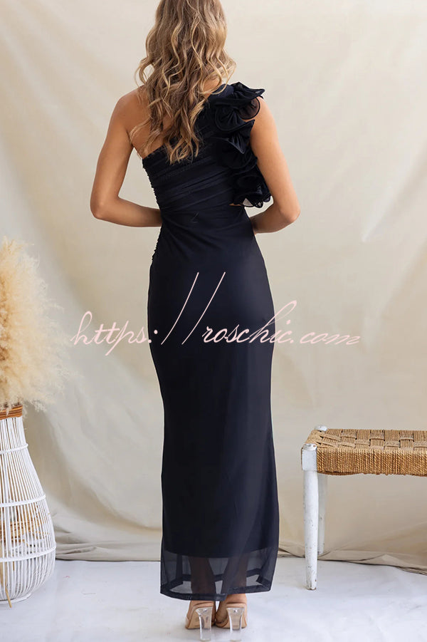 Print One-shoulder Fitted Mesh Maxi Dress