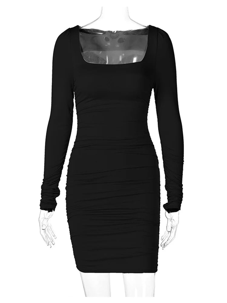 Ruched Long Sleeve Mini Dress Bodycon Party Autumn Winter Club White Clothes