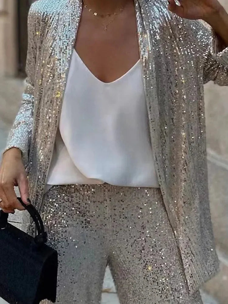 Sequin 2 Piece-set Straight Leg Slim Glitter Patchwork Suit Outwear and Pants Sets