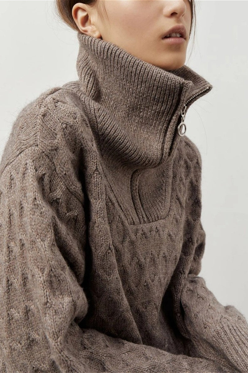 Chunky Knit High Neck Zip Up Sweater