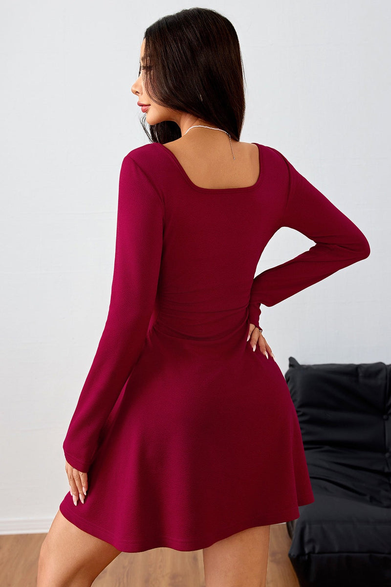 Ruched Square Neck High Waist Mini Dress