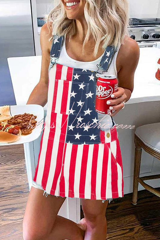 Independence Day American Flag Print Pocket Denim Strap Mini Dress