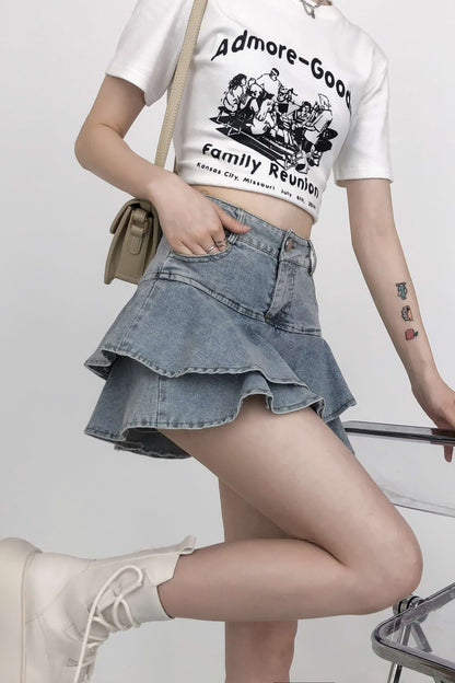 Layered Denim Ruffle Mini Skirt