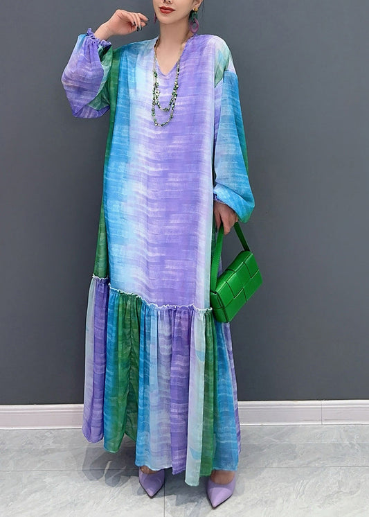 Loose Blue Purple Gradient Color Ruffled Patchwork Long Dresses Fall Ao1026