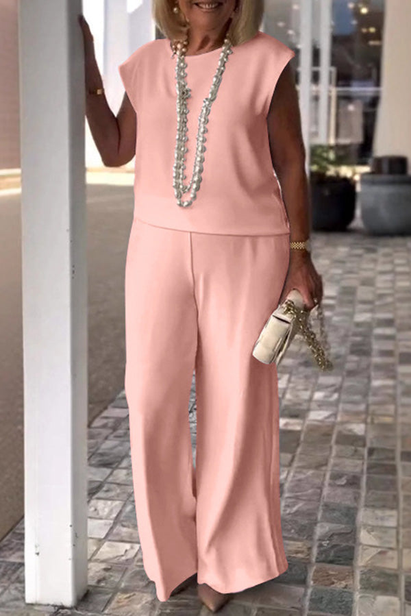 Color Crew Neck Sleeveless Top and Pocket Straight Leg Pants Set
