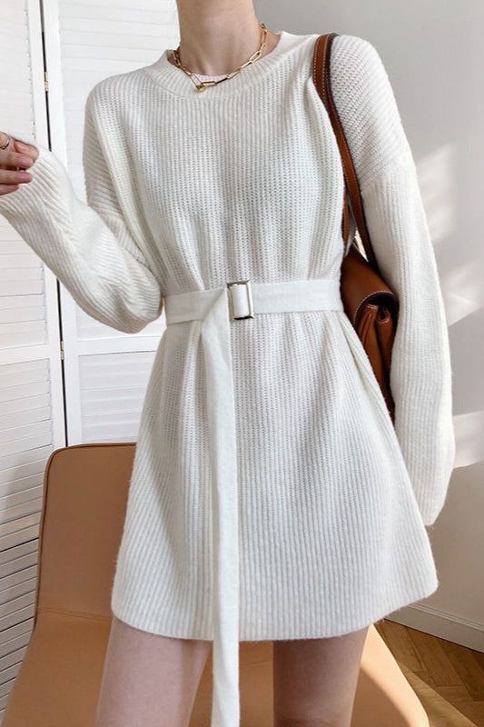 French Style Tie-waist Knit Mini Dress