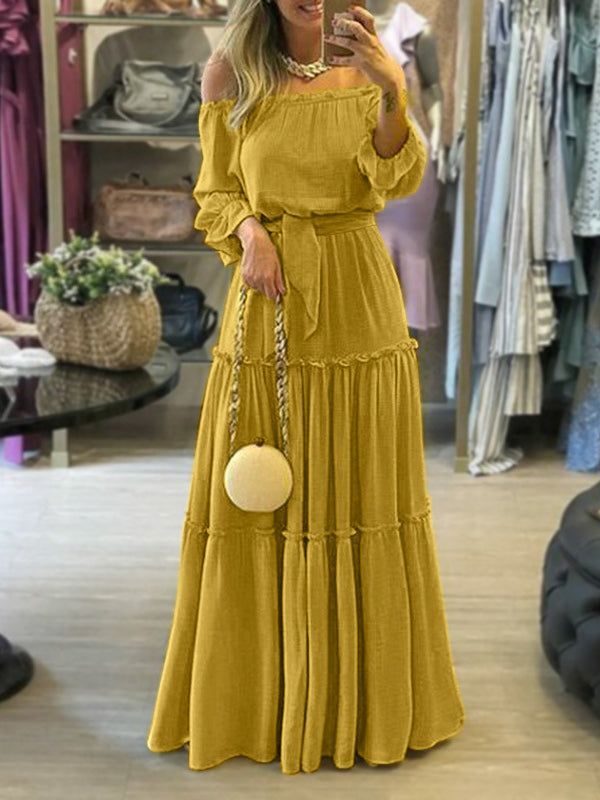 Wrap Falbala Color Off-the-shoulder Maxi Dresses