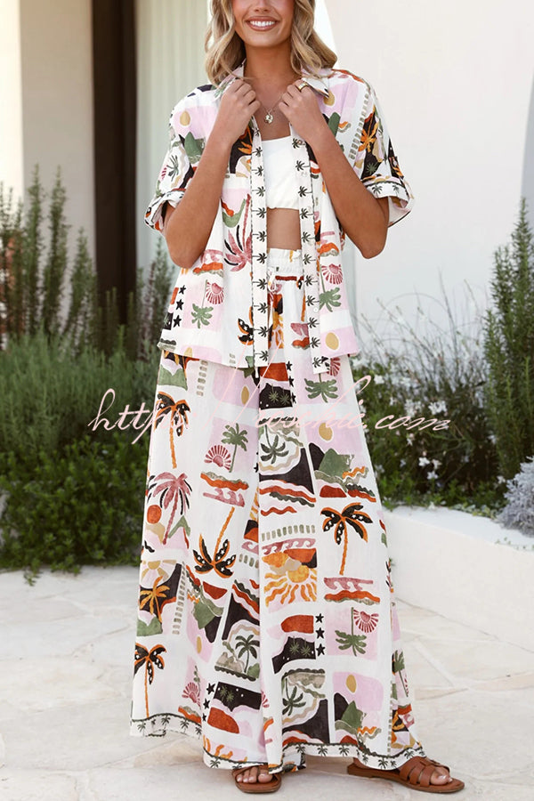 Holiday Style Holiday Print Short-sleeved Shirt and Elastic Waist Loose Pocket Wide-leg Pants Set