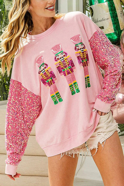 Christmas Loose Round Neck Sequined Sleeve Sweatshirt