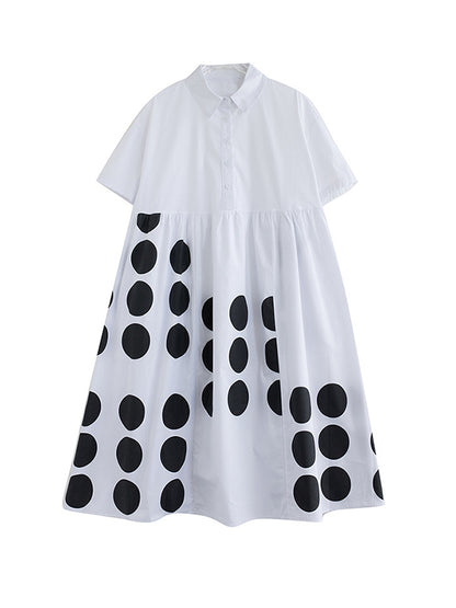 A-line Loose Buttoned Pockets Polka Dot Printed Lapel Midi Dresses