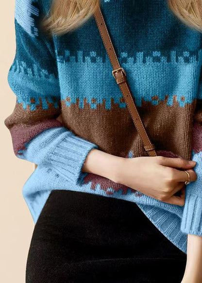 Loose Blue O Neck Thick Patchwork Knit Sweater Winter Wv033