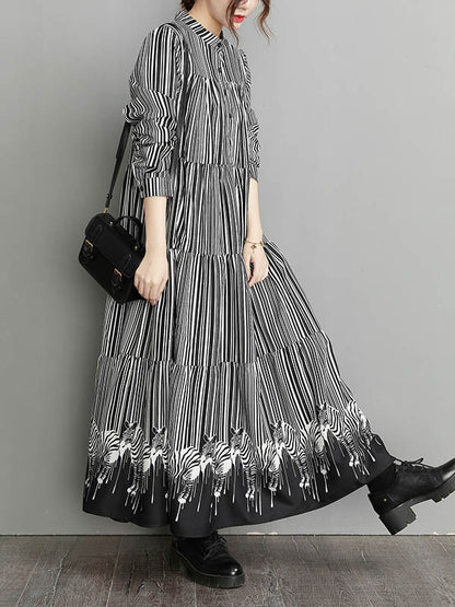 Loose Striped Buttoned Stand Collar Long Sleeves Midi Dress