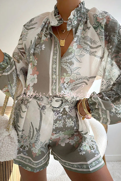 Botanical Print Palace Style Stand-up Collar Lantern Sleeve Loose Top and Shorts Set