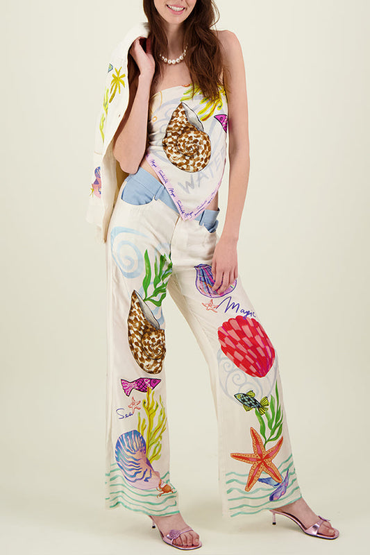 Dream Ocean Satin Unique Print Back Elastic Waist Pocketed Wide Leg Pants