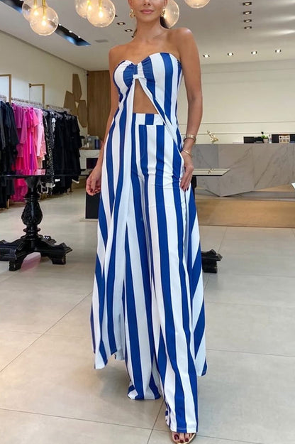 Striped Print Off-shoulder Long Top and Loose Pocket Straight Pants Set