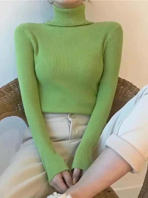 New Pullover Turtleneck Sweater Autumn Long Sleeve Slim Elastic Korean Simple Basic Jumper Color Top