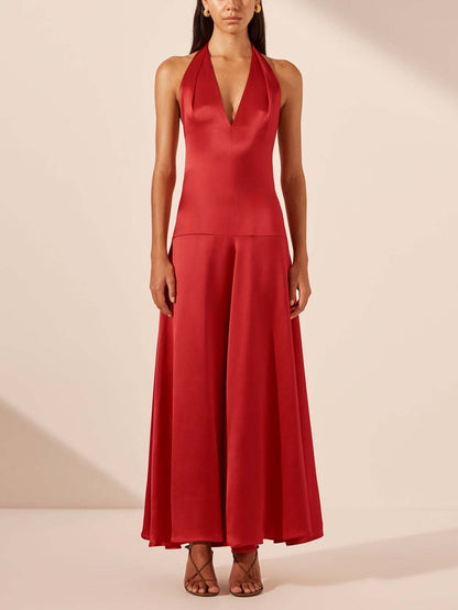 Deep V Neck Halter Maxi Dress