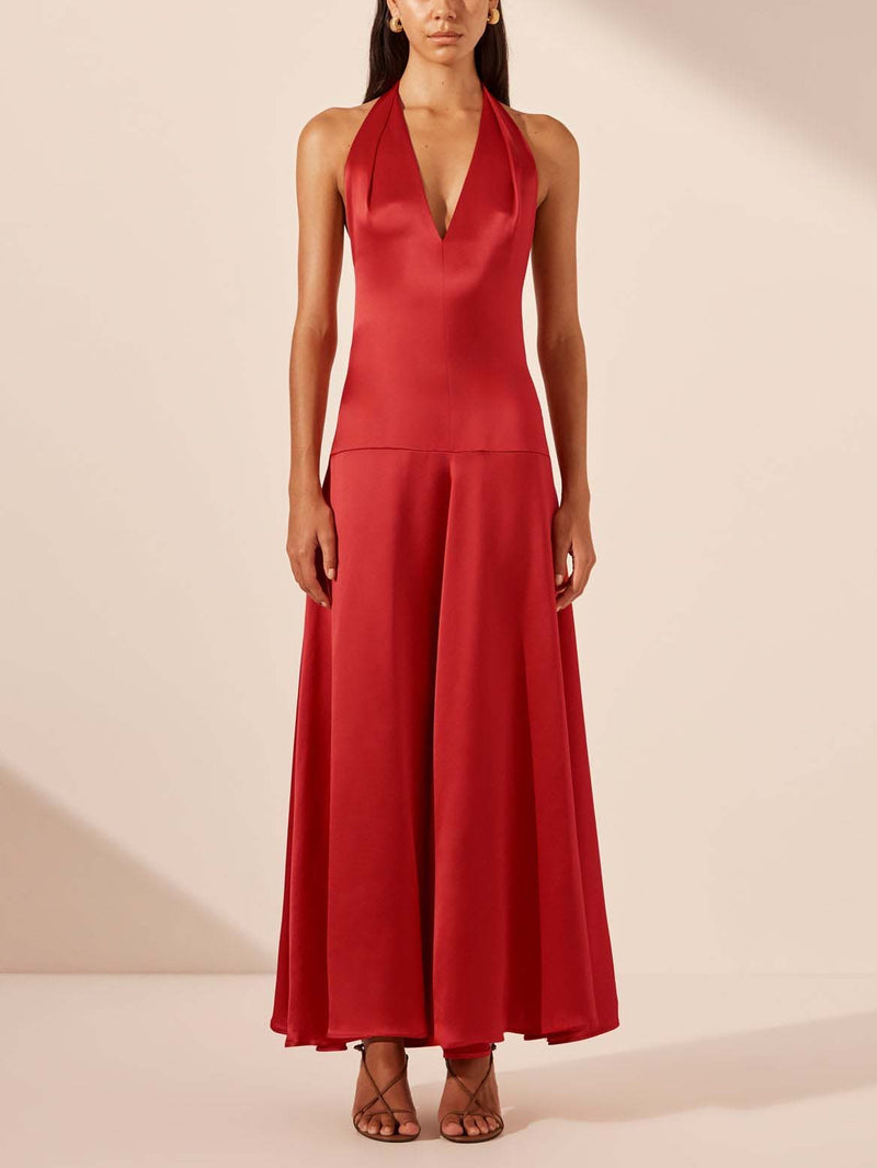 Deep V Neck Halter Maxi Dress
