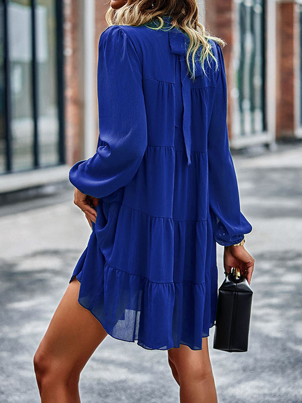 A-line Bishop Sleeve Elasticity Pleated Color Split-joint Tied Mock Neck Mini Dresses
