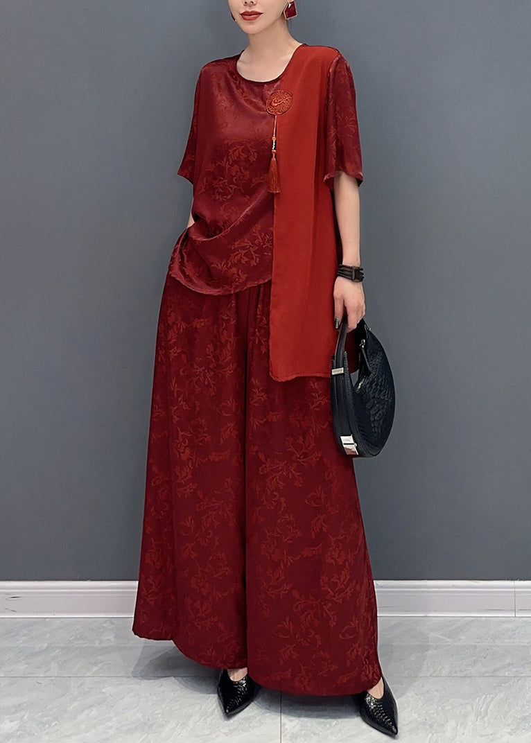 Jacquard Red Asymmetrical Patchwork Tassel Silk Top and Wide Leg Pants Two Pieces Set Short Sleeve Ao1063