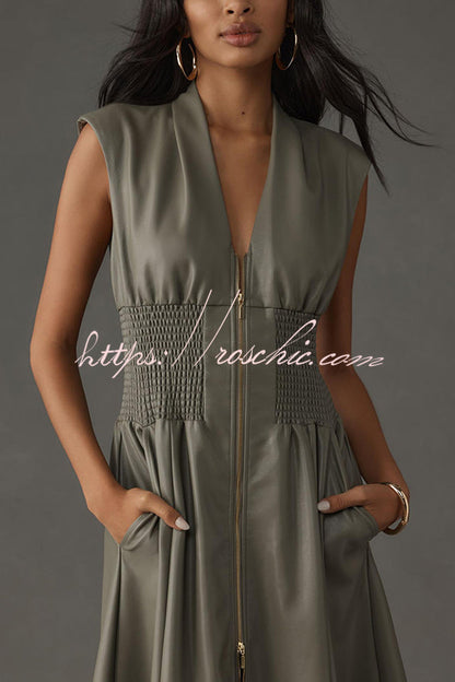 Kiera Faux Leather Smocked Waist Zipper Pocketed Midi Dress