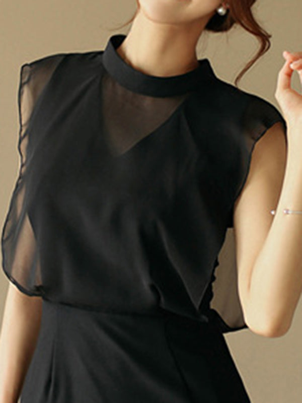 Loose Sleeveless Gauze Hollow See-through Split-joint Zipper Stand Collar Evening Dresses Midi Dresses