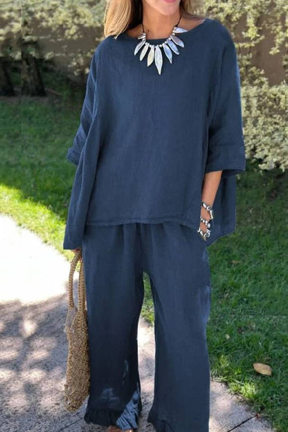 Color Loose Top \u0026 Pants Cotton Linen Two-piece Set