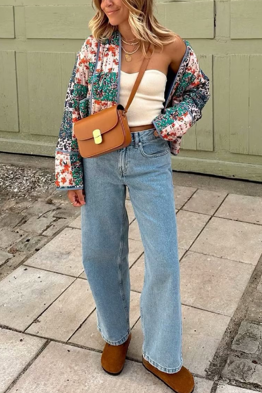 Printed Loose Cardigan Short Quilted Cotton Jacket