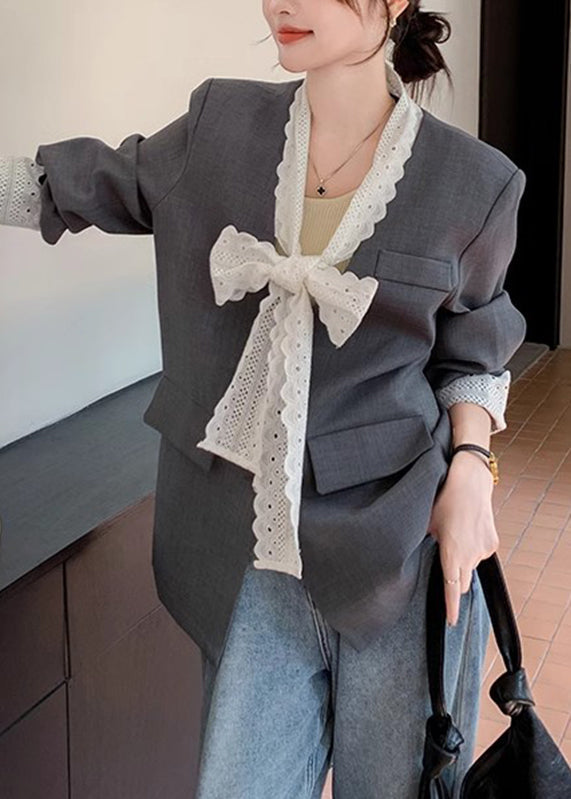 Stylish Grey Notched Bow Lace Patchwork Coats Fall Wd030