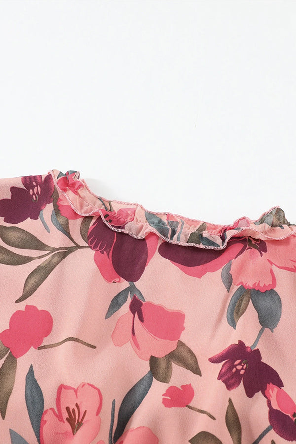 Pastel Red Print Ruffle Trim Plunge Neckline Maxi Dress
