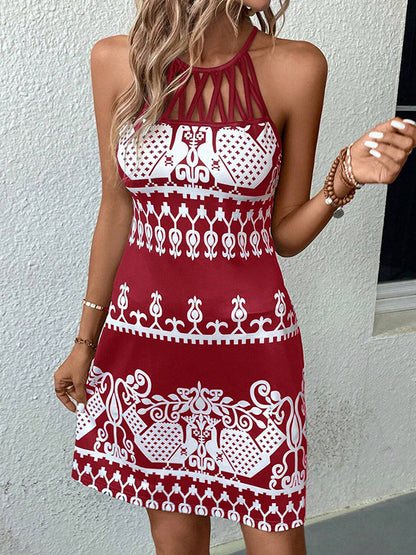 Loose Sleeveless Hollow Printed Split-joint Halter-neck Mini Dresses