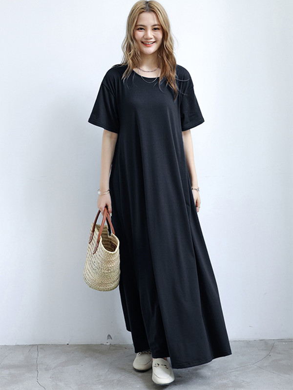 Simple Loose Short Sleeves Color Round-neck Maxi Dresses