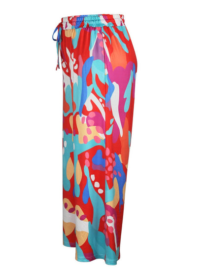 Mixed Print Drawstring Wide Leg Pants At8057