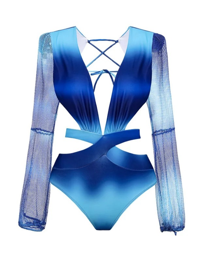 Gradient Blue Deep V Long Sleeve One Piece Swimsuit and Pants