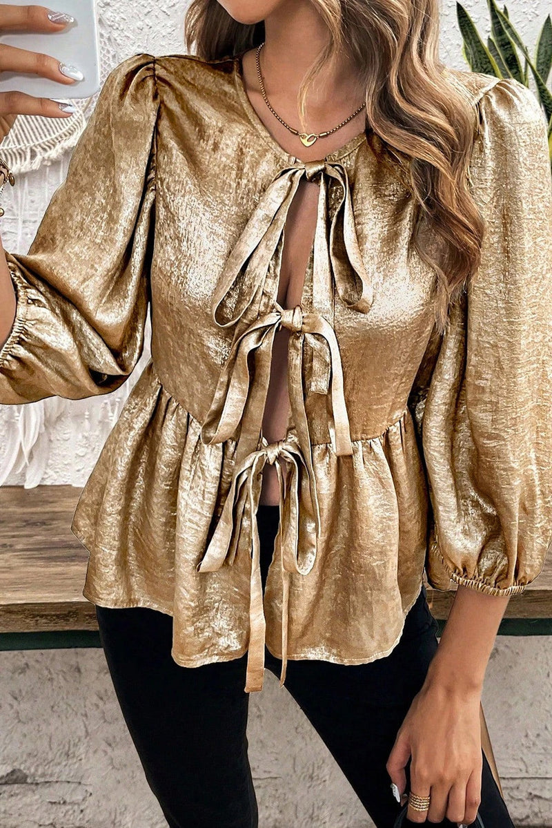 Gold Color Bowknot Front Puff Sleeve Blouse
