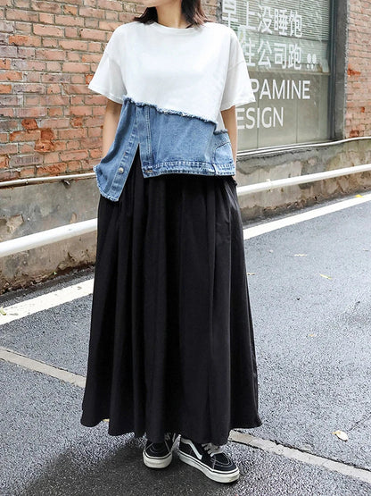 Denim Street Patchwork Sleeve White Short T-shirt O-neck Hem