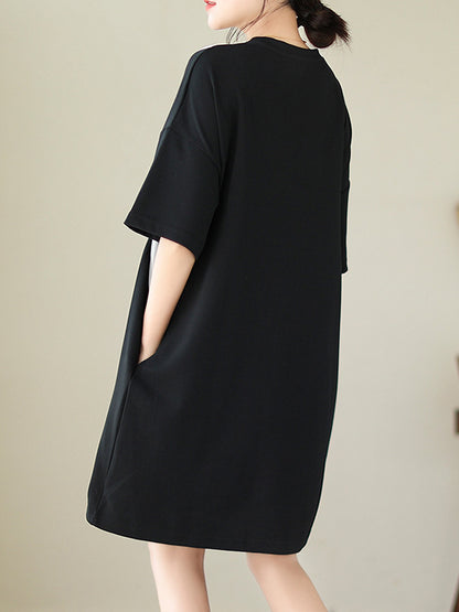 Loose Short Sleeves Split-joint Round-neck Mini Dresses