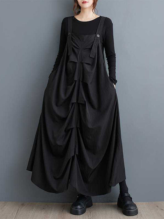 Design Black Square Neck Ruffle Pocket A-line Suspender Midi Dress Ws003